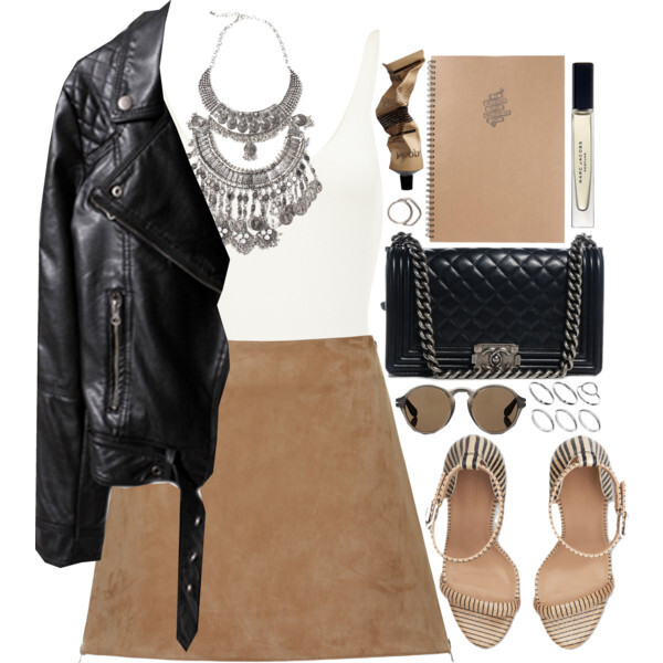 A fashion look from June 2016 featuring real leather coats, beige skirt and black block heel sandals. Browse and shop related looks.