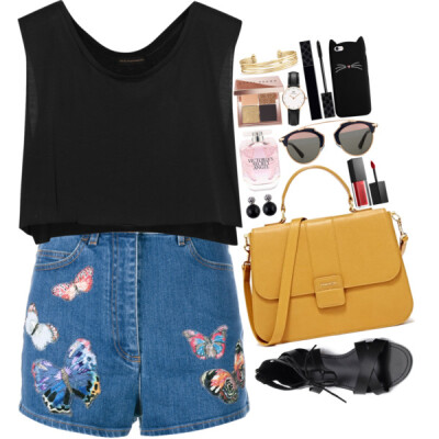 A fashion look from June 2016 featuring jersey top, blue high waisted shorts and zipper back sandals. Browse and shop related looks.