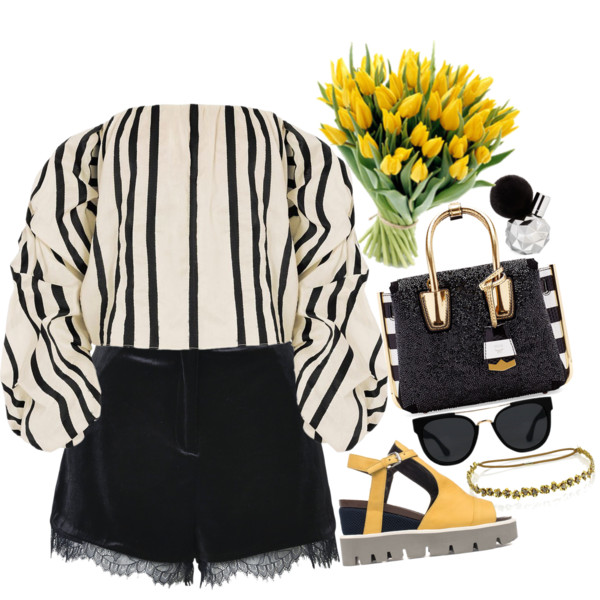 A fashion look from June 2016 featuring long sleeve tops, lace shorts and yellow shoes. Browse and shop related looks.