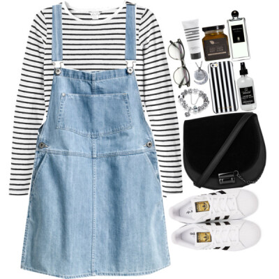 A fashion look from June 2016 featuring blue button dress, stripe crop top and leather low top sneakers. Browse and shop related looks.