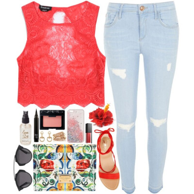 A fashion look from June 2016 featuring crop top, ripped skinny jeans and red shoes. Browse and shop related looks.