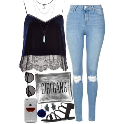 A fashion look from June 2016 featuring lace top, blue jeans and man bag. Browse and shop related looks.