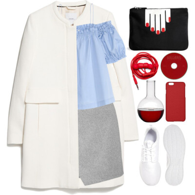 A fashion look from June 2016 featuring blue shirt, white coat and mini skirt. Browse and shop related looks.