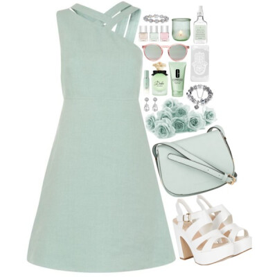 A fashion look from June 2016 featuring green dress, platform shoes and leather shoulder bag. Browse and shop related looks.