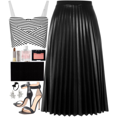 A fashion look from June 2016 featuring striped shirt, pleated skirt and high heel shoes. Browse and shop related looks.
