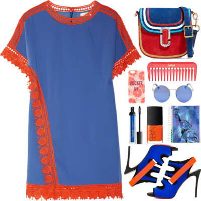 A fashion look from June 2016 featuring short blue dresses, open toe sandals and suede purse. Browse and shop related looks.