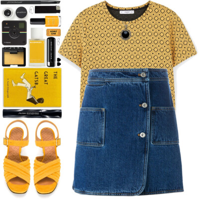 A fashion look from June 2016 featuring short sleeve tops, a line skirt and yellow shoes. Browse and shop related looks.