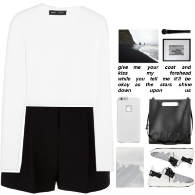 A fashion look from June 2016 featuring white jersey shirt, tailored shorts and white trainers. Browse and shop related looks.