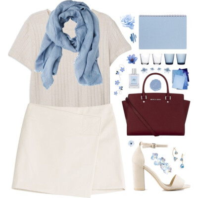 I feel like this is something I'd wear if I was 30 ^_^ #blue #sweater #heels #scarf #miniskirt #beige #white #marcjacobs #michaelkors