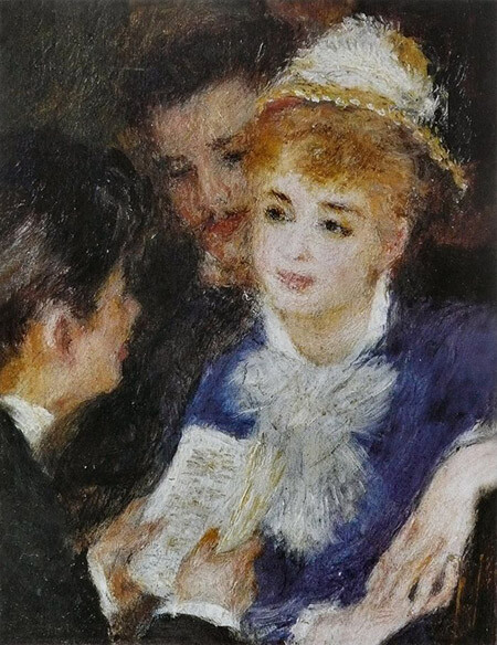 雷诺阿 (皮耶尔·奥古斯特·雷诺阿 Pierre-Auguste Renoir, 1841-1919) 法国印象画派的著名画家、雕刻家。最初与印象画派运动联系密切。他的早期作品是典型的记录真实生活的印象派作品，充满了夺目的光彩。然而到了（19世纪）80年代中期，他从印象派运动中分裂出来，转向在人像画及肖像画，特别是妇女肖像画中去发挥自己更加严谨和正规的绘画技法。