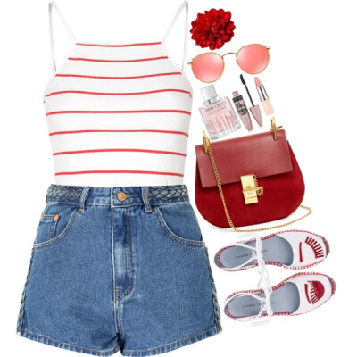 A fashion look from July 2016 featuring white tops, denim shorts and platform shoes. Browse and shop related looks.