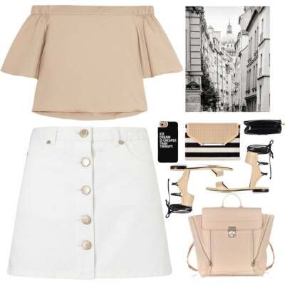 A fashion look from June 2016 featuring sleeve shirt, short mini skirts and lace-up flat sandals. Browse and shop related looks.