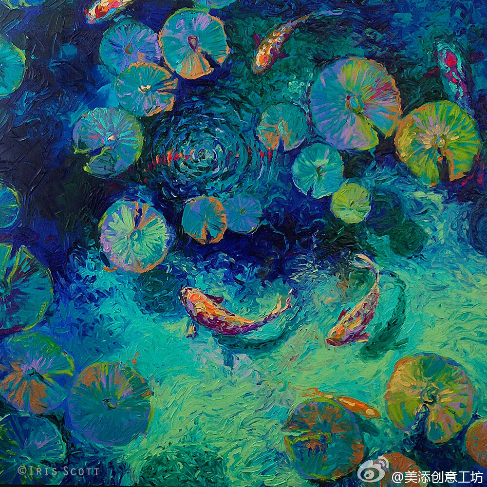 来自New York artist Iris Scott 手指画法打破了常规，不在调色板上调出具体的颜色，她的画作中常出现梵高&amp;lt;星夜&amp;gt;中的两种线条风格：歪曲的长线和破碎的短线。同时混合点彩画法和其它画法。快速，熟练，淋漓尽致的创作让有着强烈笔触的作品倍具感染力。