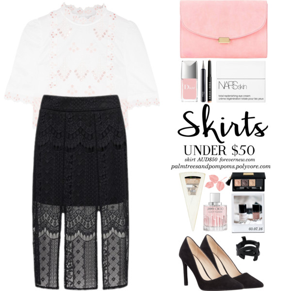 Can you look chic for less? Create an outfit with a skirt that's under $50. #under50 #skirtunder50 #temperleylondon#netaporter#forevernew#pellamoda#amazon#mansurgavriel#mytheresa#ysl#saintlaurent#farfetch#dior#christiandior#harrods#bobbibrown#harveynichols#jimmychoo#lordandtaylor#nars#narscosmetics#macys