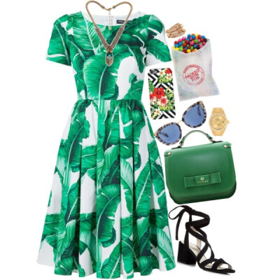 A fashion look from July 2016 featuring palm print dress, black block-heel sandals and locking purse. Browse and shop related looks.