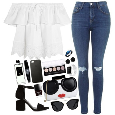 A fashion look from July 2016 featuring shirt blouse, ripped jeans and chunky-heel sandals. Browse and shop related looks.