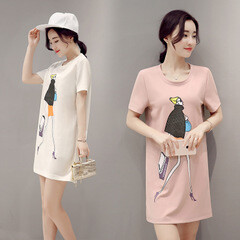 2016夏季新款 韩版气质纯色印花人物短袖圆领套头T恤连衣裙