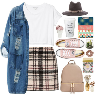 #personalstyle #school #coolforschool #casual #plaid #denimjacket #croptop #hat #BackToSchool #converse @polyvore-editorial @polyvore