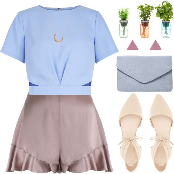 A fashion look from July 2016 featuring crop top, short shorts and nude flats. Browse and shop related looks.