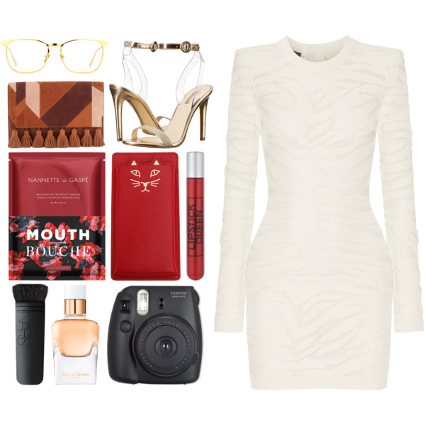 A fashion look from July 2016 featuring white knit dress, ankle strap sandals and patchwork purses. Browse and shop related looks.