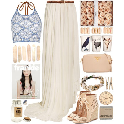 A fashion look from July 2016 featuring halter crop top, long maxi skirts and nude wedge sandal. Browse and shop related looks.