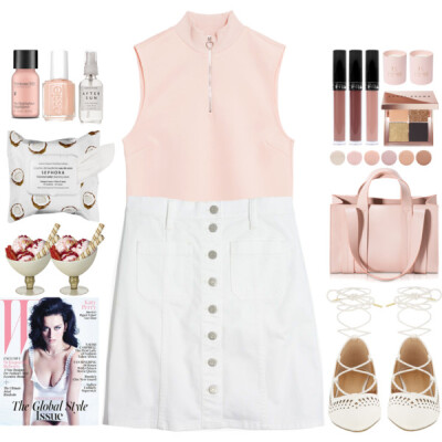 A fashion look from July 2016 featuring white denim skirt, flat pointy toe shoes and pink tote bag. Browse and shop related looks.