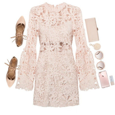 A fashion look from March 2016 featuring long-sleeve floral dresses, ballerina pumps and pink clutches. Browse and shop related looks.