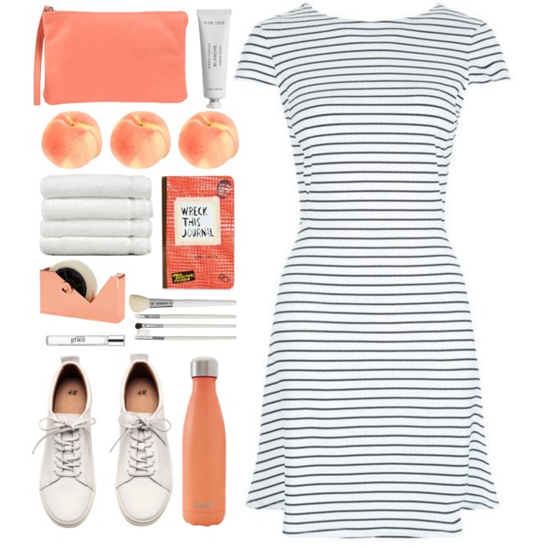 A fashion look from April 2016 featuring white dress, h&amp;amp;m shoes and pink handbags. Browse and shop related looks.
