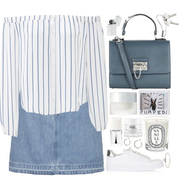 A fashion look from May 2016 featuring white off shoulder top, topshop skirts and white trainers. Browse and shop related looks.