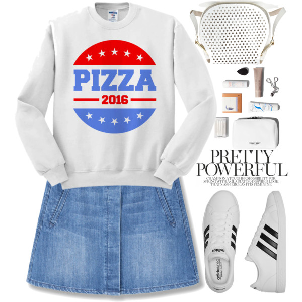 A fashion look from August 2016 featuring crew-neck sweatshirts, denim skirt and vegan shoes. Browse and shop related looks.