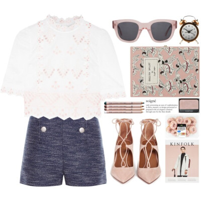 A fashion look from August 2016 featuring embroidered tops, high-rise shorts and vintage pumps. Browse and shop related looks.