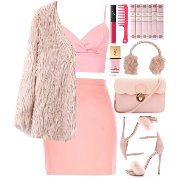 A fashion look from November 2015 featuring bralet crop top, pink fake fur coat and short pink skirt. Browse and shop related looks.