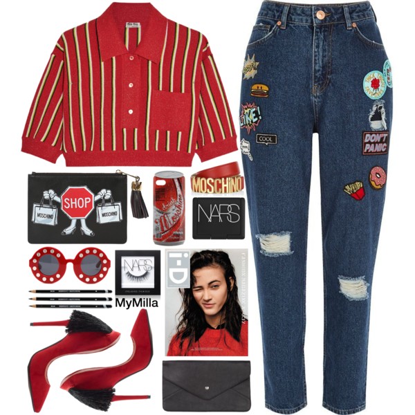 @polyvore / @polyvore-editorial #moschino #Nars #iD #jeans #HighHeels #polyvorefashion #redandblack #polyvoreeditorial