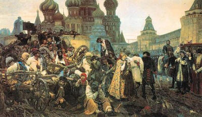 苏里柯夫--近卫军临刑的早晨 该画以彼得大帝1698年镇压近卫军兵变这一历史事件为背景而创作的。画家选取了兵变失败的近卫军在莫斯科红场临刑前的悲壮时刻。