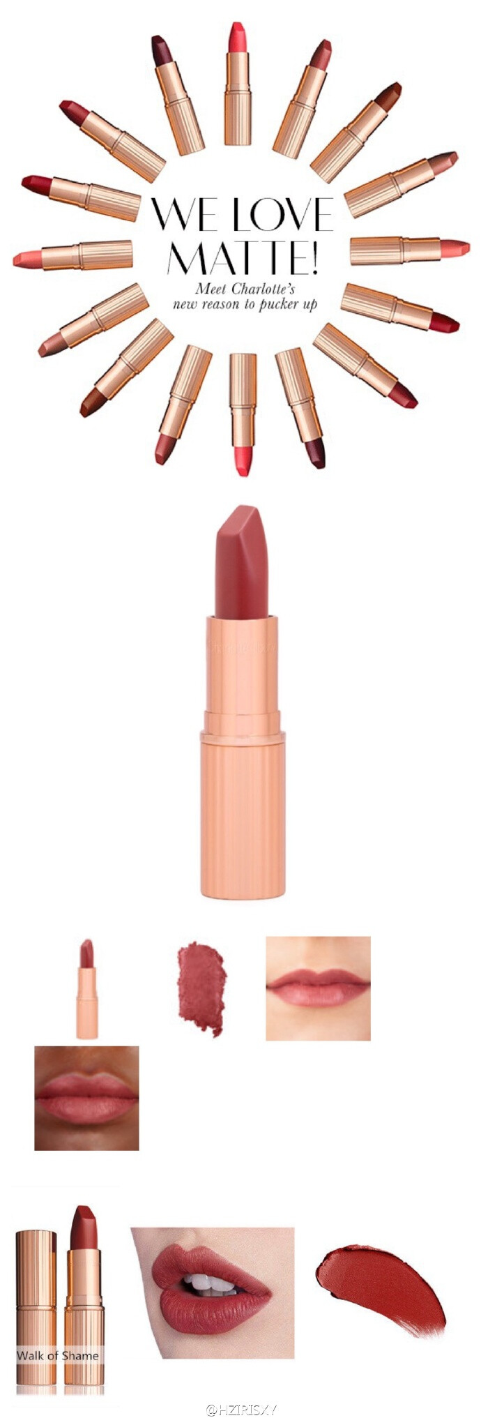 #唇膏试色# Charlotte Tilbury matte revolution lipstick 色号# Walk of shame也是被你们念叨的好久的一支，直邮了两个月才到，期待度太高反而满意度降低了，豆沙红在我嘴上没什么棕调，显白，不挑皮，质感很好，没什么缺点我最近好勤快，你们的钱包还好么