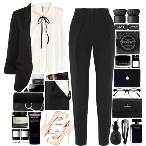 A fashion look from August 2016 featuring peter pan collar blouse, ponte knit blazer and tapered trousers. Browse and shop related looks.