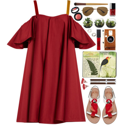 A fashion look from August 2016 featuring red cocktail dress, ankle strap sandals and Talitha. Browse and shop related looks.