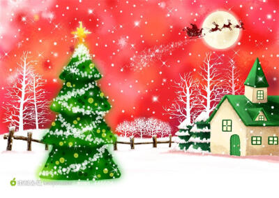 雪地上的圣诞树和房屋卡通素材