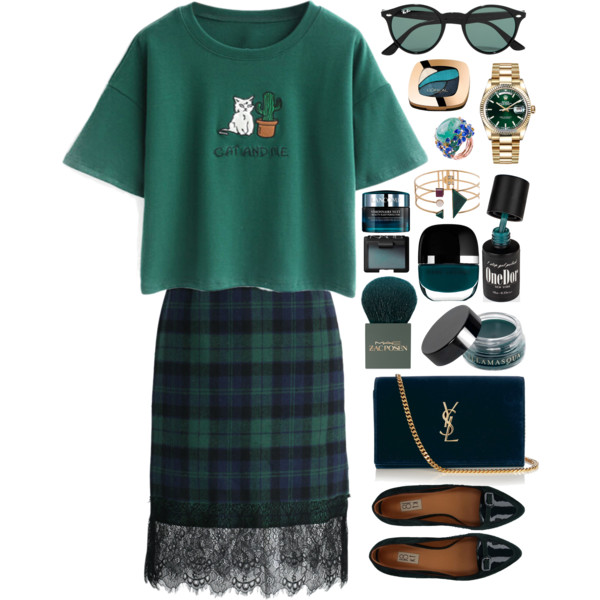 A fashion look from August 2016 featuring embroidered t shirts, green pencil skirt and ballet pumps. Browse and shop related looks.