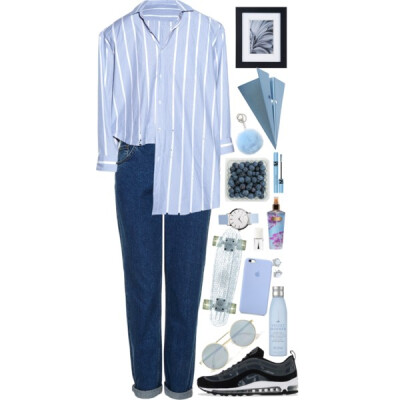 A fashion look from August 2016 featuring blue top, high rise jeans and blue watches. Browse and shop related looks.