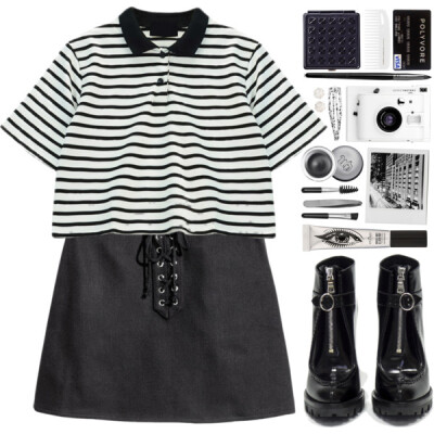 A fashion look from September 2016 featuring crop top, a-line skirts and black booties. Browse and shop related looks.