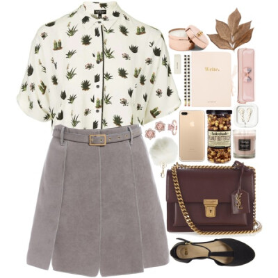 A fashion look from September 2016 featuring white shirt, a line skirt and flat shoes. Browse and shop related looks.