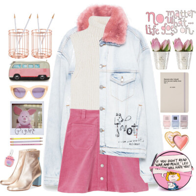 A fashion look from September 2016 featuring white top, jean jacket and pink skirt. Browse and shop related looks.