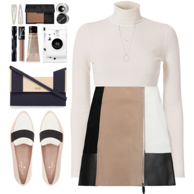 A fashion look from September 2016 featuring white crop top, short skirts and pointy-toe flats. Browse and shop related looks.