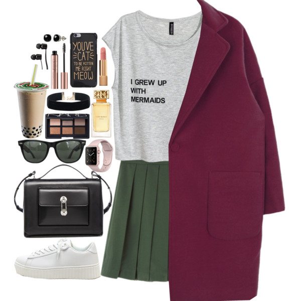 A fashion look from September 2016 featuring short tops, one button coat and green skirt. Browse and shop related looks.