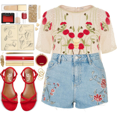 A fashion look from October 2016 featuring pink top, high-waisted jean shorts and criss-cross sandals. Browse and shop related looks.