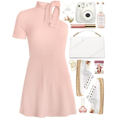 A fashion look from October 2016 featuring fit and flare dress, white tennis shoes and white purse. Browse and shop related looks.