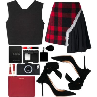 A fashion look from October 2016 featuring shirt tops, tartan skirt and black stiletto pumps. Browse and shop related looks.