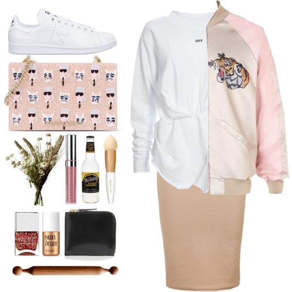 A fashion look from October 2016 featuring crew-neck sweatshirts, flight jacket and midi skirt. Browse and shop related looks.