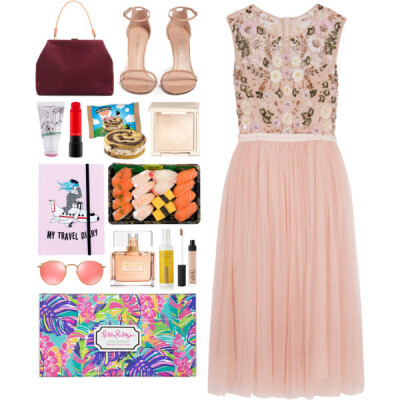 A fashion look from October 2016 featuring pink sequin dress, patent shoes and suede purse. Browse and shop related looks.